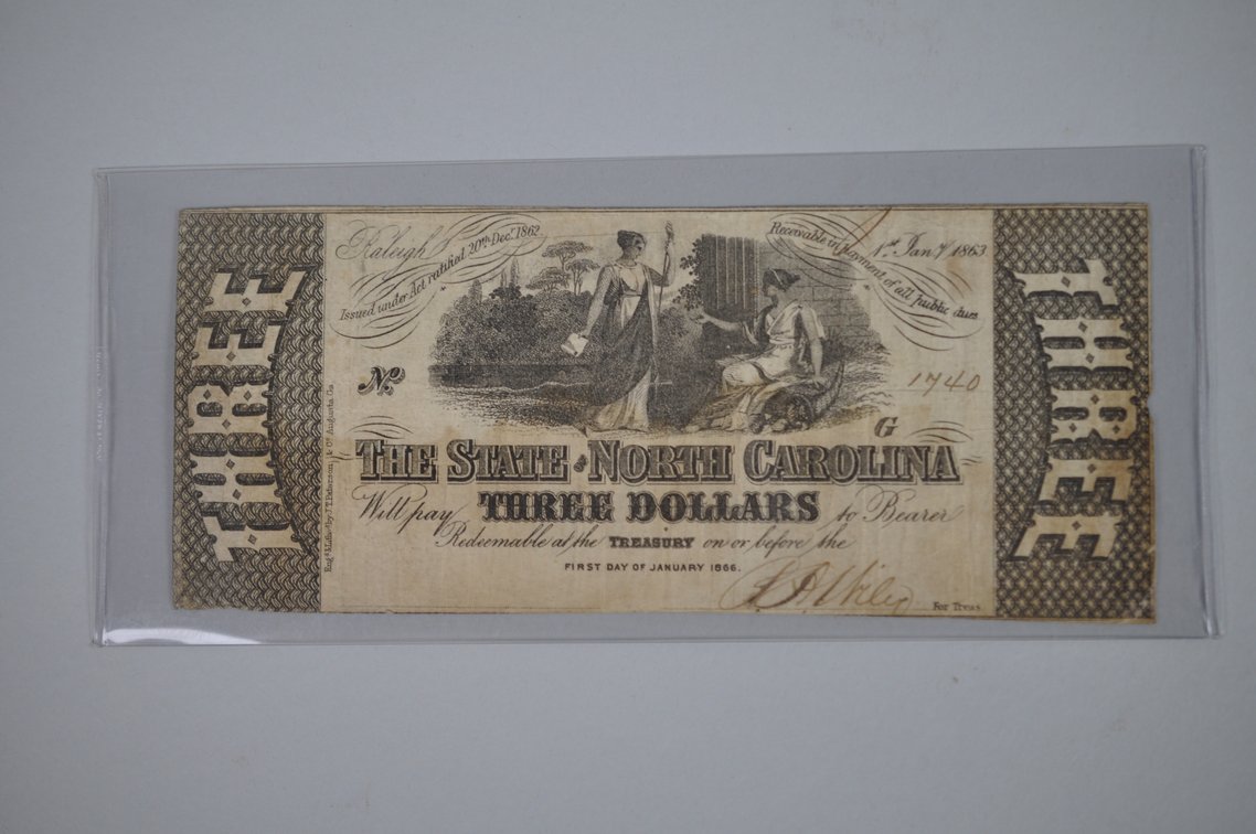 NC One and Three Dollar Civil War Obsolete Banknotes, photo 2 of 15