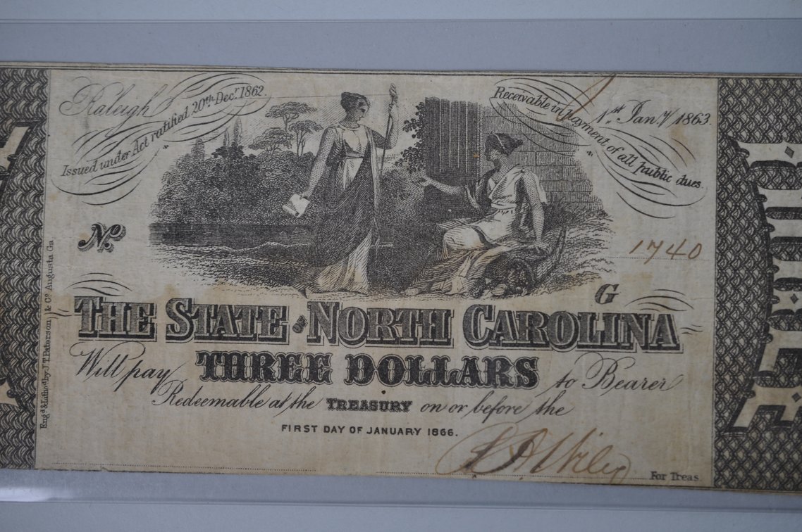 NC One and Three Dollar Civil War Obsolete Banknotes, photo 5 of 15