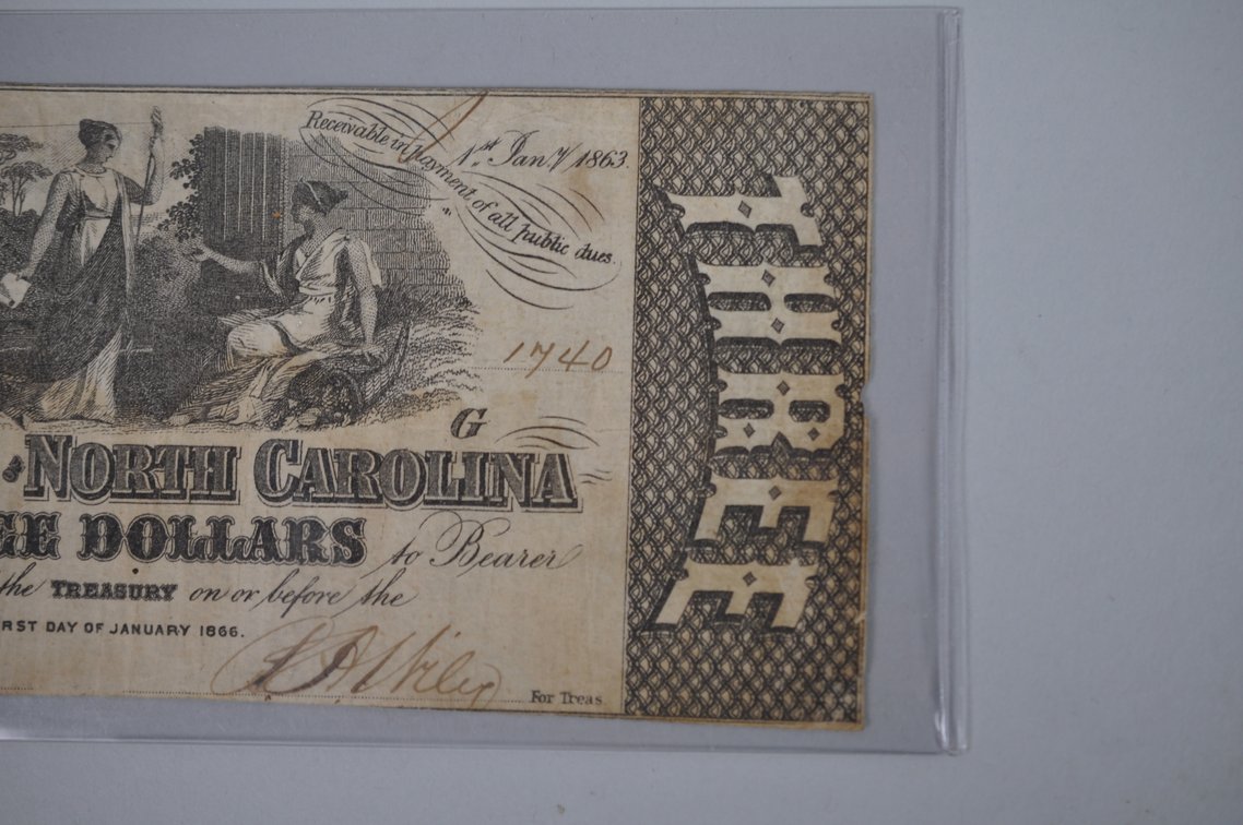 NC One and Three Dollar Civil War Obsolete Banknotes, photo 7 of 15