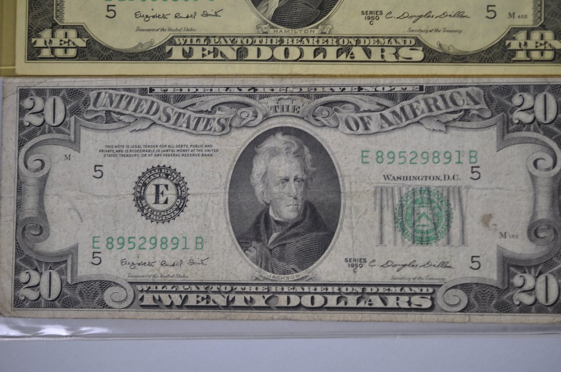 1950 & 1953 Small Type $10 & $20 Blue/Green Seals, photo 4 of 13