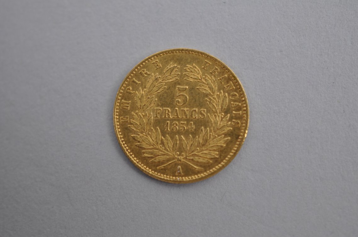 1854 Five Francs French Empire Napoleon III Gold Coin, photo 2 of 2