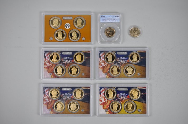 Collection of Modern Gold Colored Dollar Coins Mint Sets and Graded