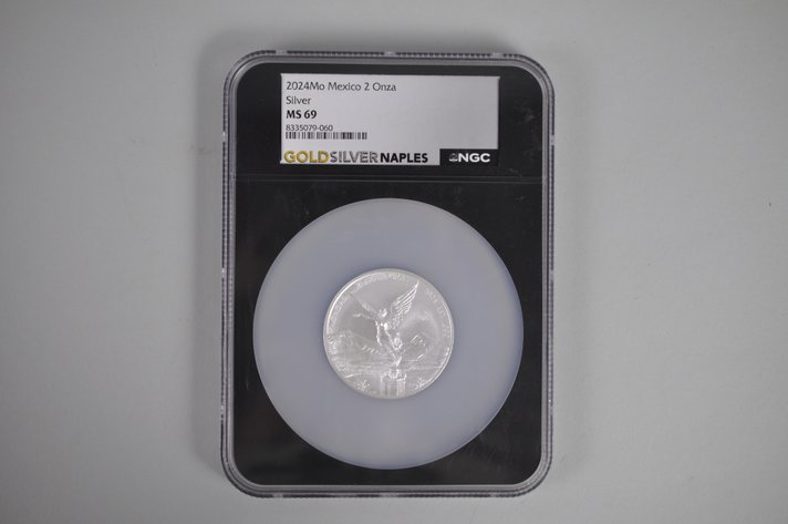 Graded Mexico Two Onzas Silver Double Dollar MS69