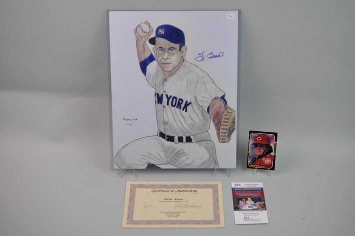 Yogi Berra Signed Sketch/ Pete Rose Signed Card