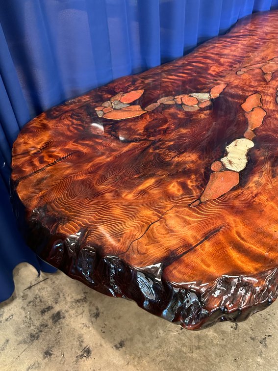 Joni Hamari Dinosaur Bone and Meteor Inlaid Redwood Table, photo 9 of 19