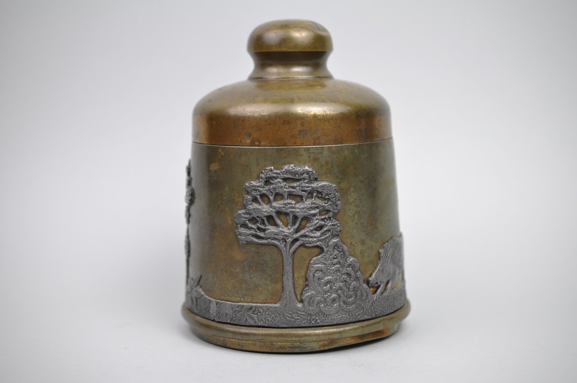 Brass & Pewter w/ Etched Wildlife Tobacco Jar/Humidor, photo 2 of 11