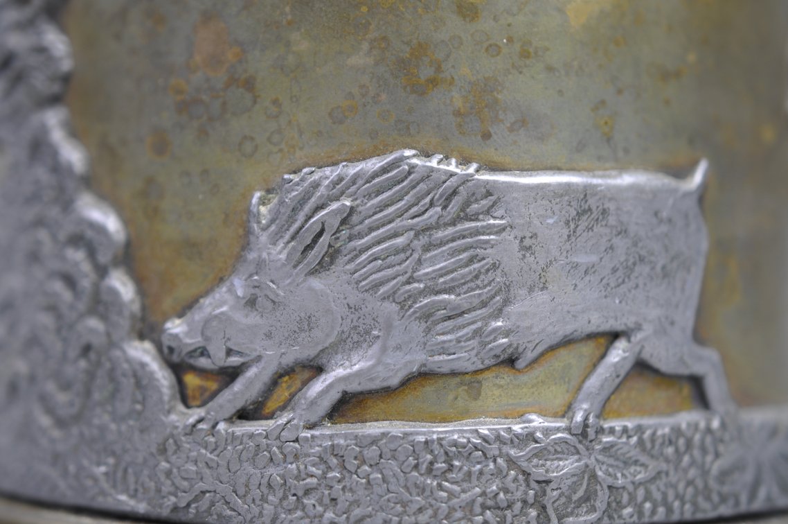 Brass & Pewter w/ Etched Wildlife Tobacco Jar/Humidor, photo 5 of 11