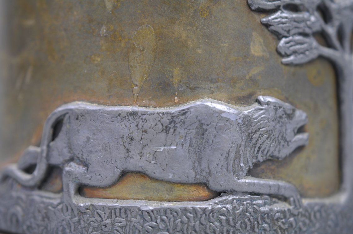Brass & Pewter w/ Etched Wildlife Tobacco Jar/Humidor, photo 6 of 11