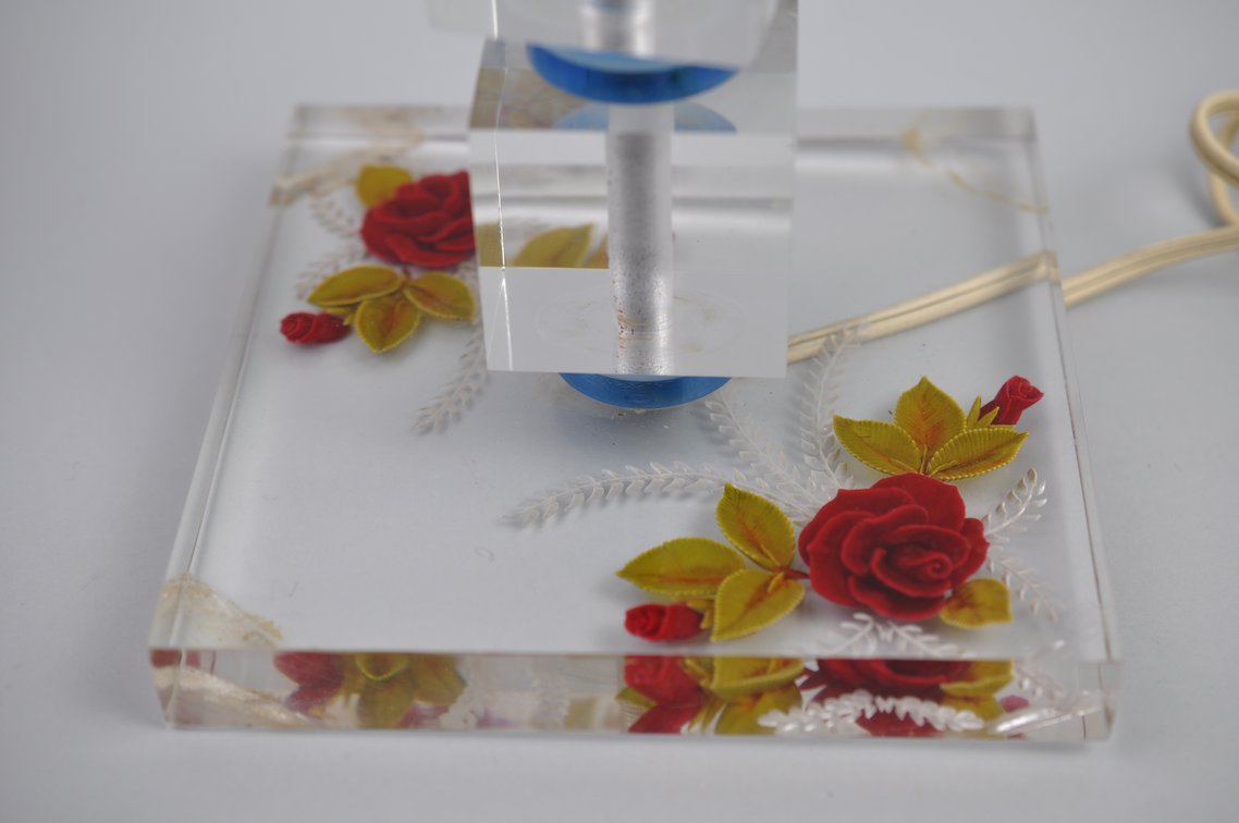 Monowatt Lucite Table Lamp w/ Inlayed Roses