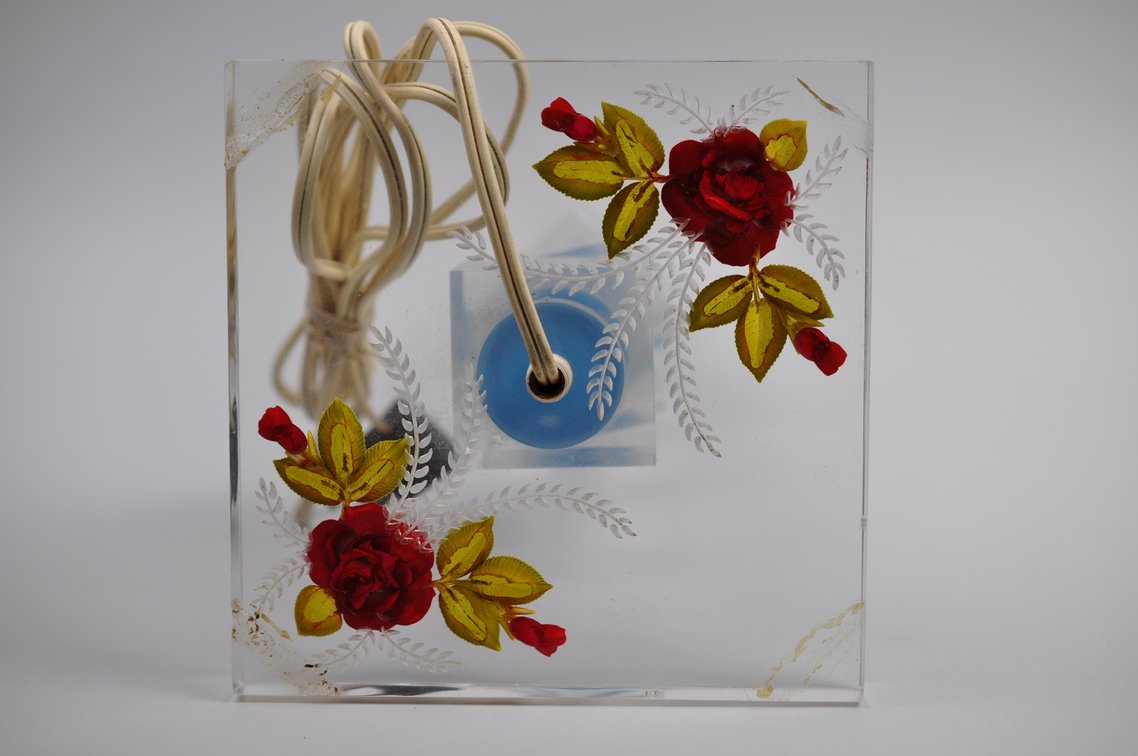 Monowatt Lucite Table Lamp w/ Inlayed Roses