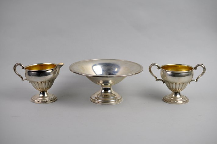 Silver Weighted Candy Dish, Creamer, and Sugar Bowl