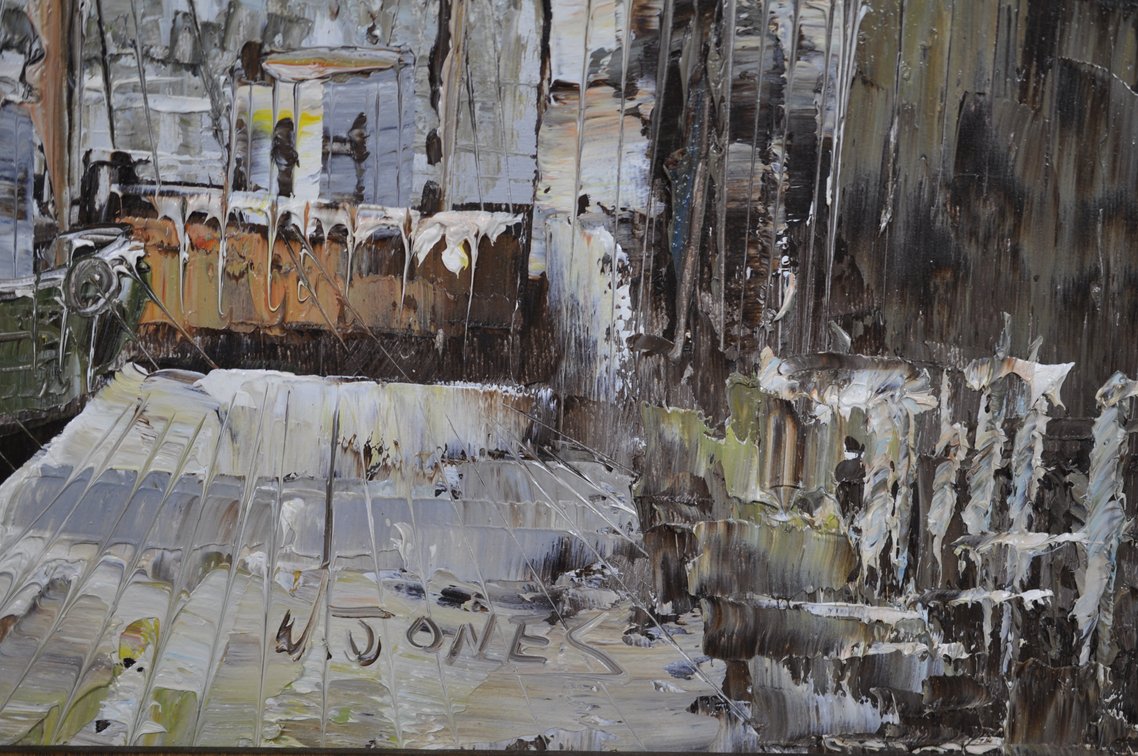W. Jones, Signed Boats at the Dock Oil Painting