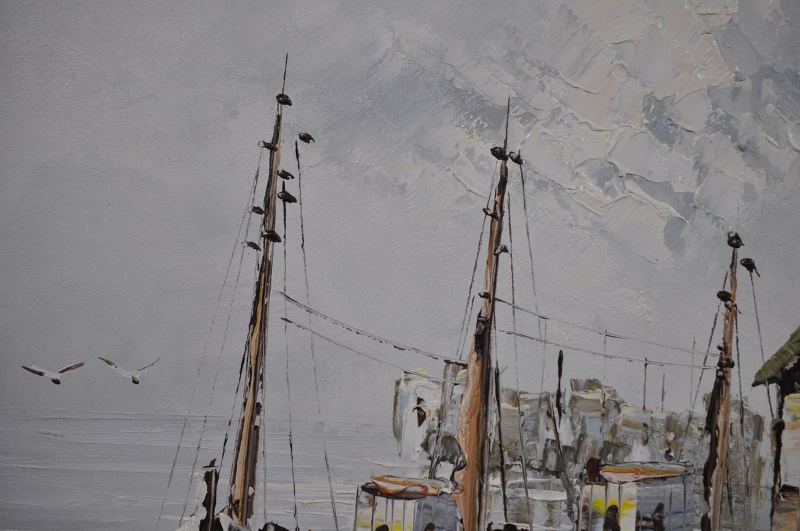 W. Jones, Signed Boats at the Dock Oil Painting