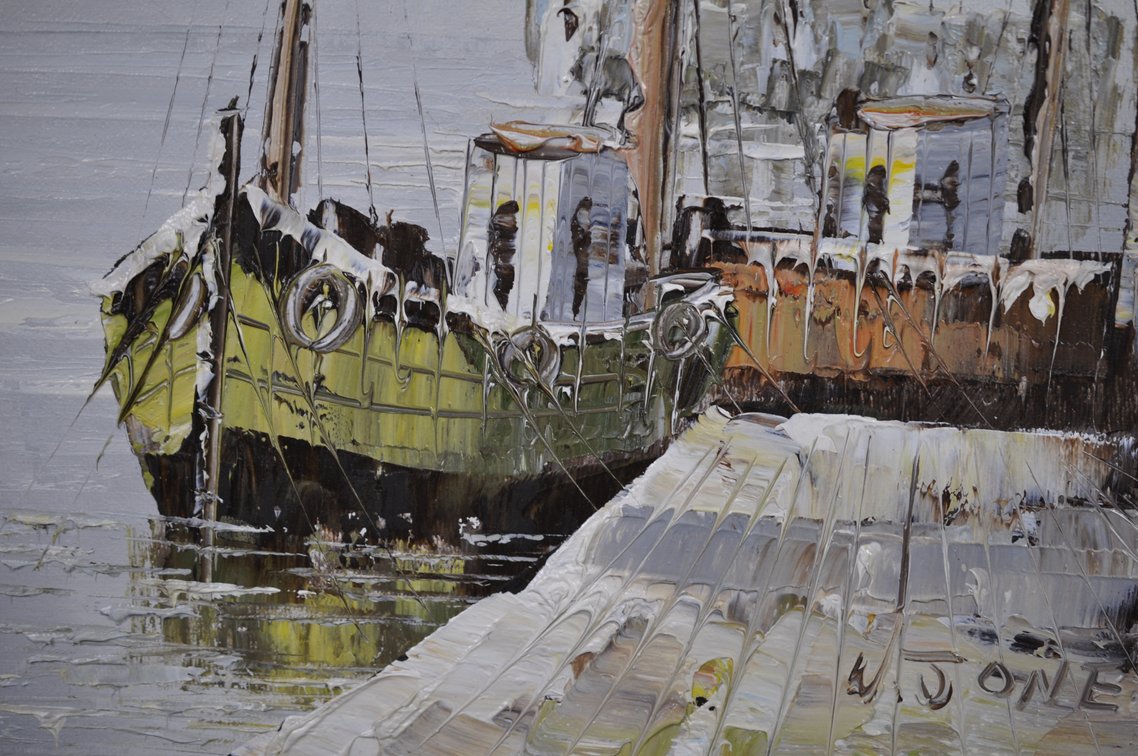 W. Jones, Signed Boats at the Dock Oil Painting