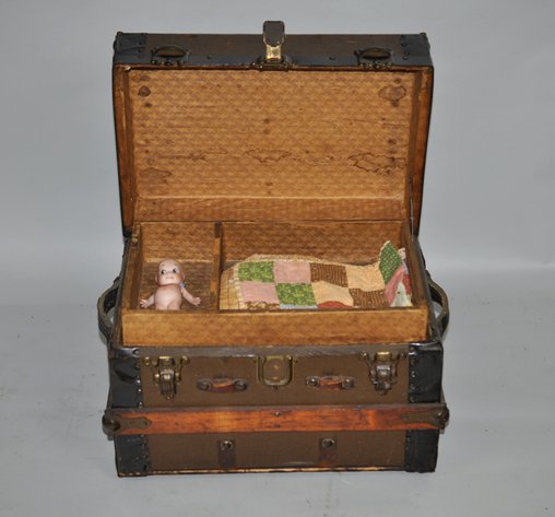 Kewpie Doll , Victorian Doll Trunk, & Handmade Doll Quilt