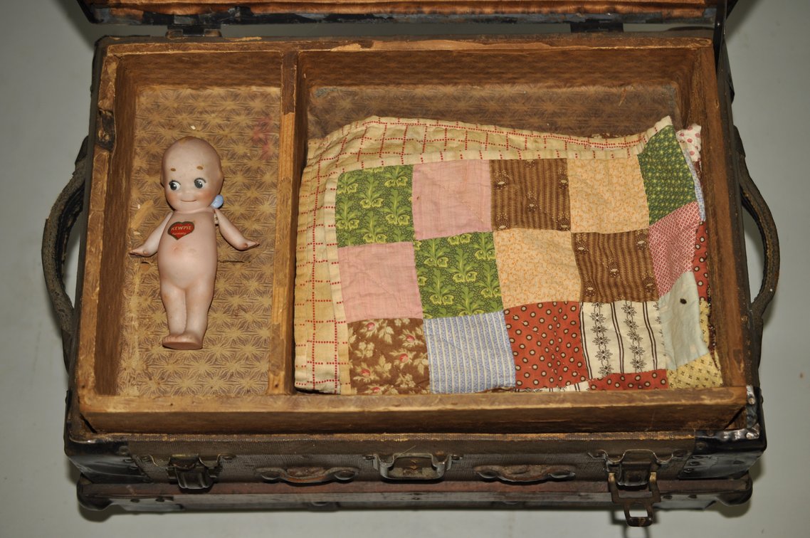 Kewpie Doll , Victorian Doll Trunk, & Handmade Doll Quilt