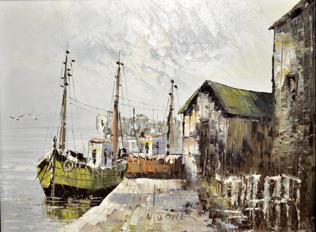 W. Jones, Signed Boats at the Dock Oil Painting