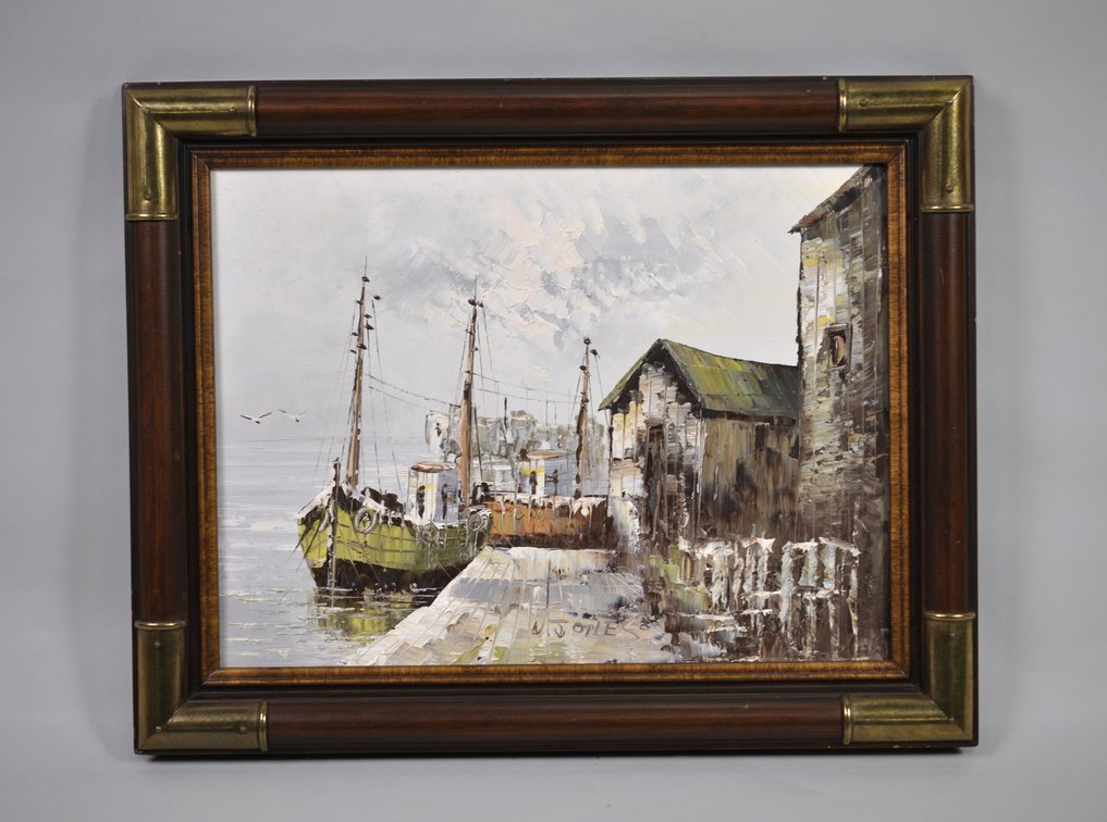 W. Jones, Signed Boats at the Dock Oil Painting