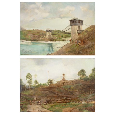 José Taviel de Andrade (1857–1910) - Vista del puente Alfonso XIII sobre el río Agus, Marawi / Vista del fuerte nuevo de Marawi