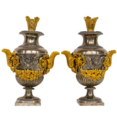 An important pair of silver altar palm vases