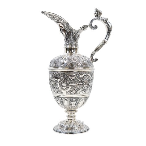 An ornate Victorian English sterling silver Neo-Renaissance claret ewer
