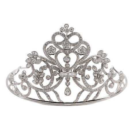 An heirloom diamond tiara in white gold with round, baguette, and marquise diamonds