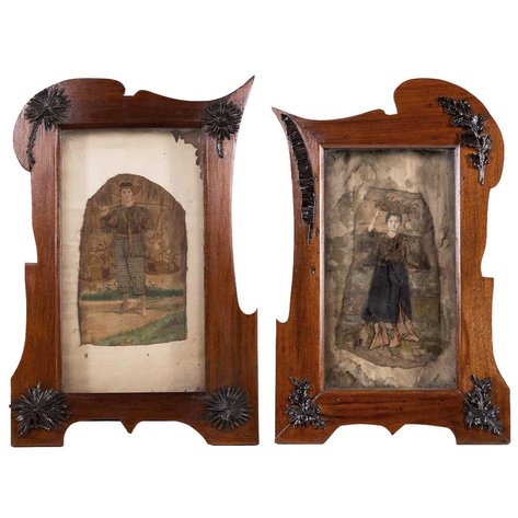 A pair of Estilo Tampinco Art Nouveau shadow box frames with Filipiniana folk art