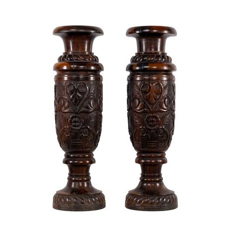 A rare matching pair of Baroque Revival floor vases (pedestal flower holders) with intricately carved deep relief of floral and leaf patterns