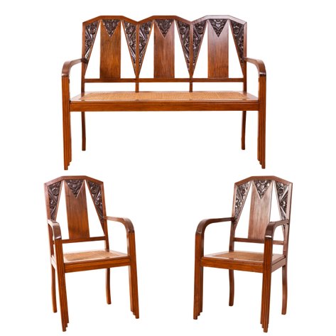 A set of 3 Art Deco settee and armchairs on inverted ziggurat feet