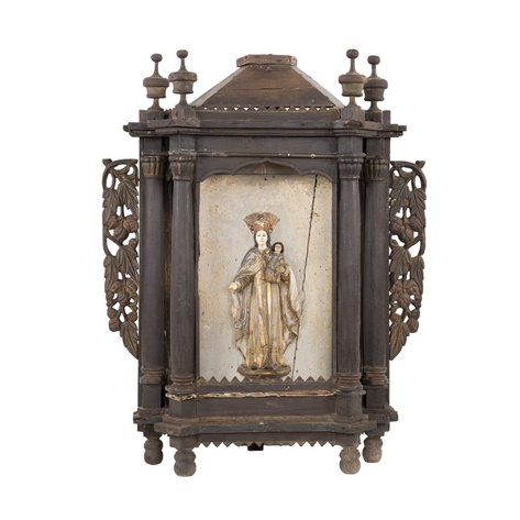 An ivory head and hands Sino-Philippine-Hispano image of Virgen del Carmen in a Chinese style urna