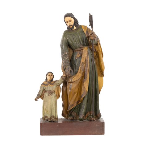 A Hispano-Philippine ivory and wood tableau of  El Patrocinio de San Jose (The Patronage of Saint Joseph) or San Jose y el Niño Jesus (Saint Joseph holding the hand of the Infant Jesus)