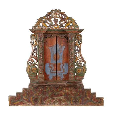 A very rare, monumental folk Baroque urna featuring painted-door imagery of the Seat of God, pierced carvings, and a chamber pedestal