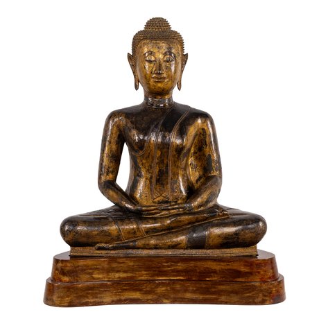 An important 19th century gilt and lacquered bronze figure of seated Buddha Shakyamuni