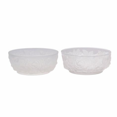 Verlys - A matching pair of vintage art glass frosted satin bowls with roses