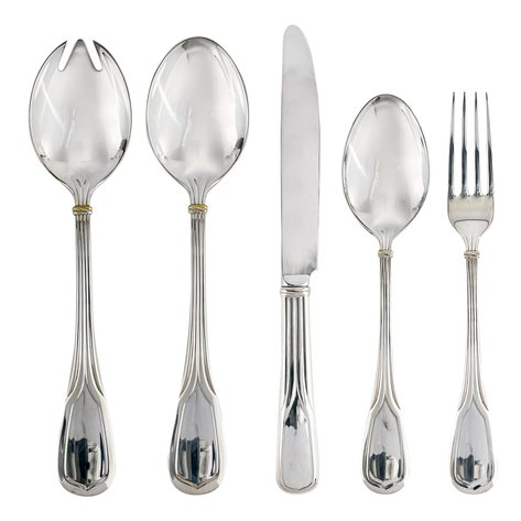Cartier - A 'La Maison de Louis Cartier' sterling silver flatware service for 2, consisting of dinner spoons, forks, and knives, and a single salad fork and spoon pair
