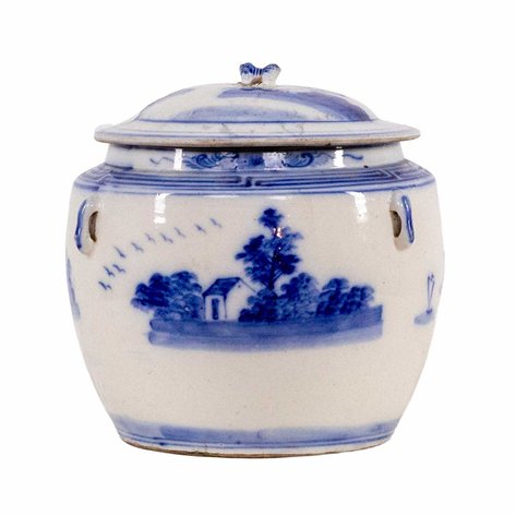 A blue and white kamcheng jar featuring a landscape and birds
