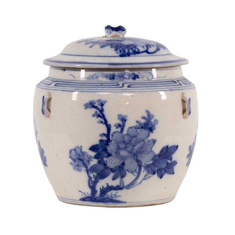 A blue and white kamcheng jar featuring birds and peony blossoms