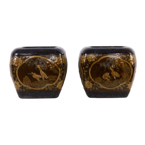 A rare matching pair of Satsuma-style planters with hand-gilded panels