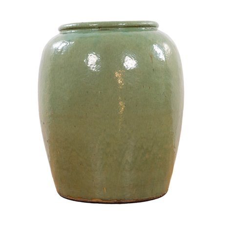 A celadon-glazed ovoid storage jar with glaze tears at the rim