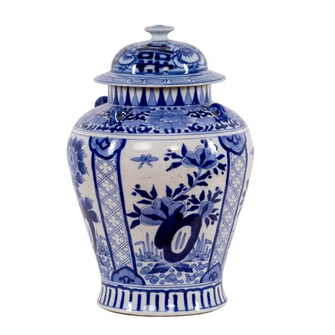 A blue and white porcelain temple jar featuring auspicious motifs of double happiness characters and bird-and-blossom panels