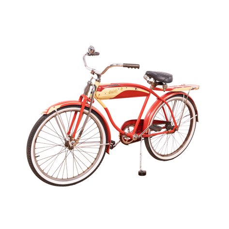 A vintage Columbia Five Star Superb balloon tire cruiser bicycle featuring a built-in horn tank, integrated rear rack, and a front springer suspension fork