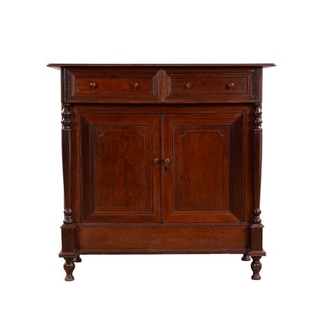 A Neoclassical comoda with molded façade and featuring an unusual backside secret drawer