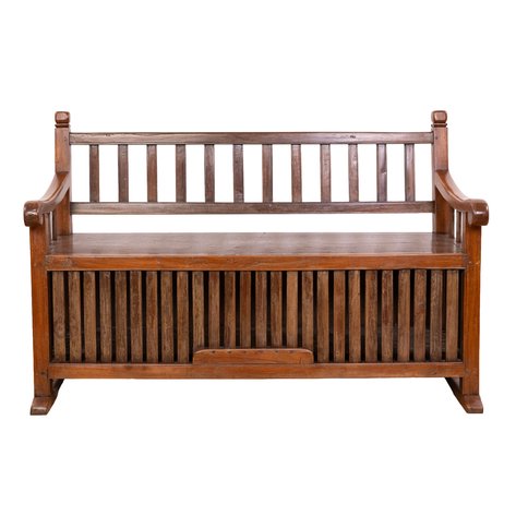 A gallinera (traditional poulty-keeping bench) with slatted back and primitive molded square cap finials