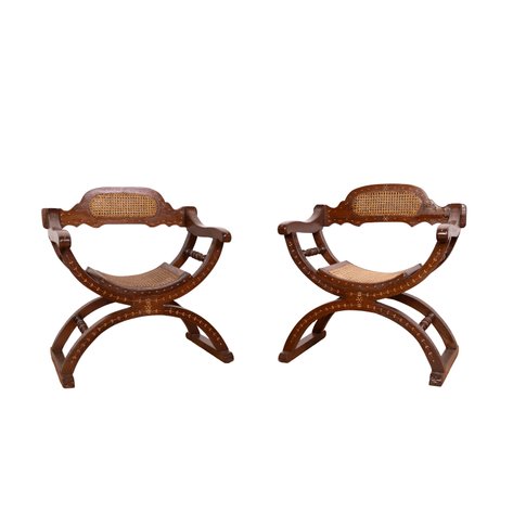 A pair of Hoshiarpur curule chairs with scalloped crest rails and intricate bone inlays