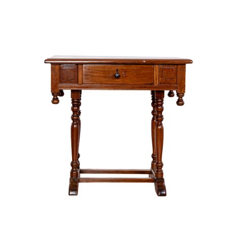 A pebetera (sewing table) with drop finials and turned baluster legs on trestle base