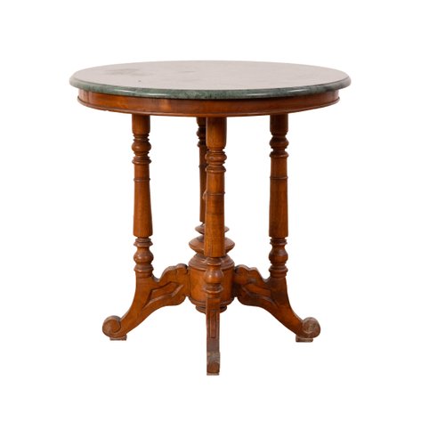 A Neoclassical style marble-top occasional table on a ring-turned four-pillar base