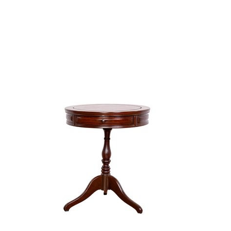 A Regency style drum table featuring a segmented circular top, two frieze drawers, and a tripod pedestal base