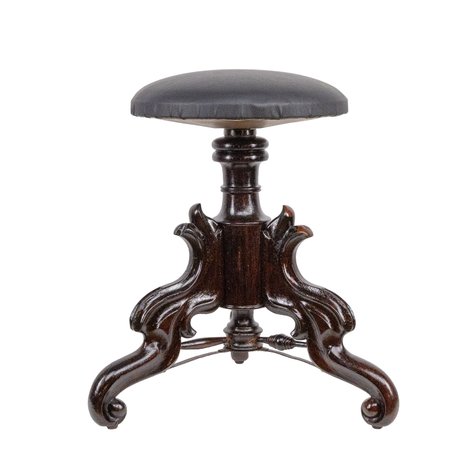A Renaissance Revival adjustable piano stool featuring a central baluster column and openwork rocaille scroll brackets