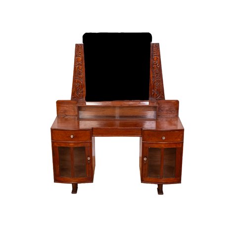 An Art Deco vanity table with streamlined bow-front side pedestals