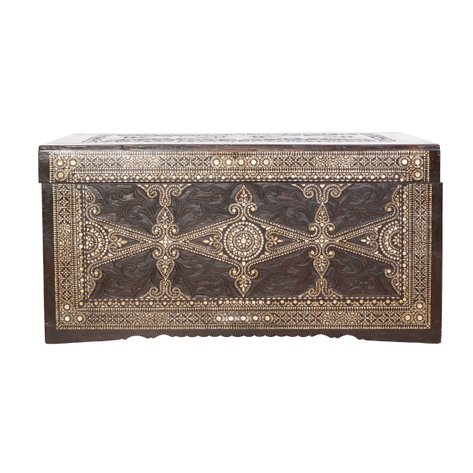 A large Maranao baul (chest) featuring extensive geometric and foliate okir inlays